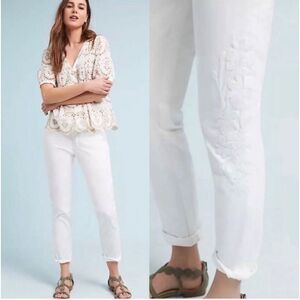 Anthropologie White Embroidered Cropped Pants